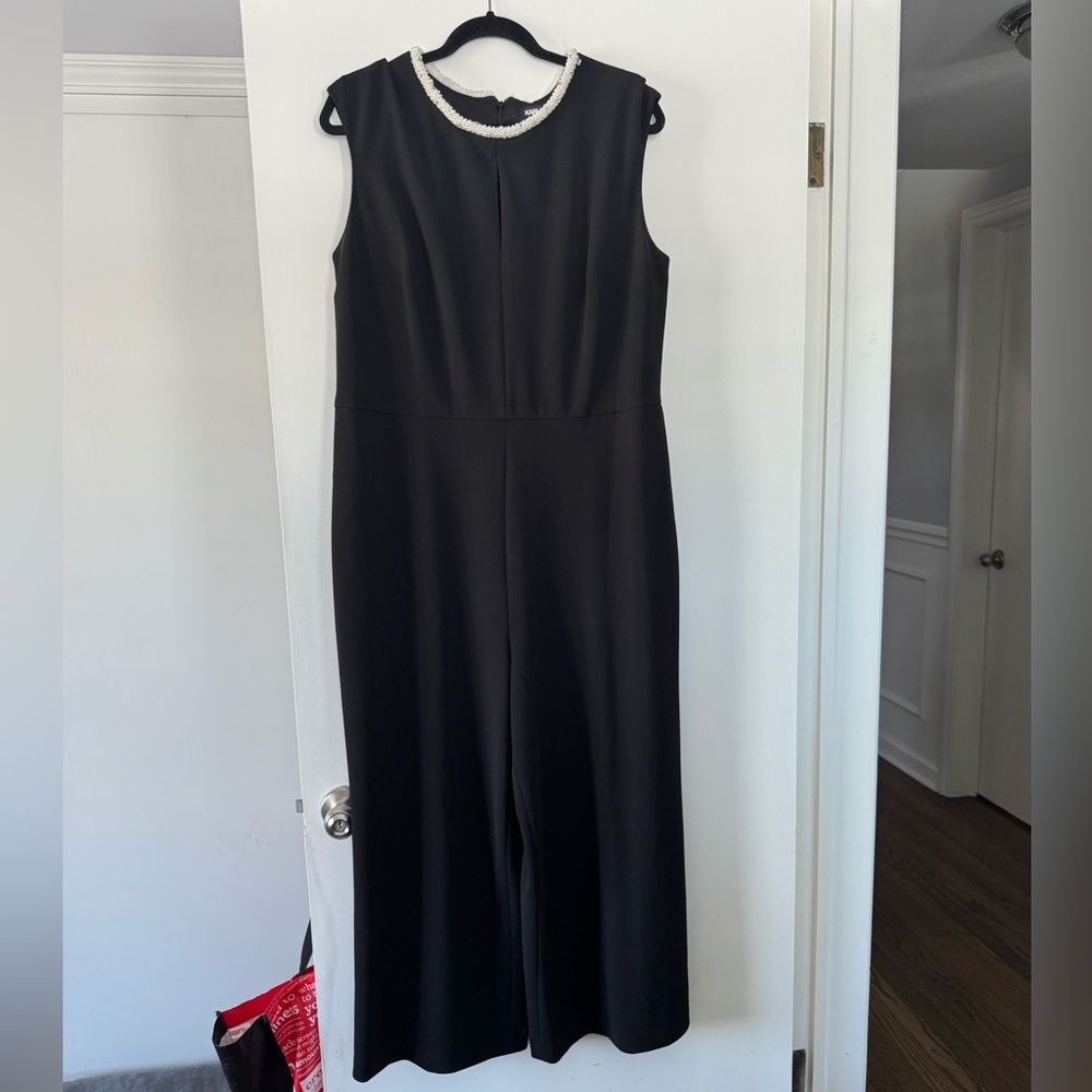 Karl Lagerfeld wide leg jumpsuit beaded detail around neck, size 16.